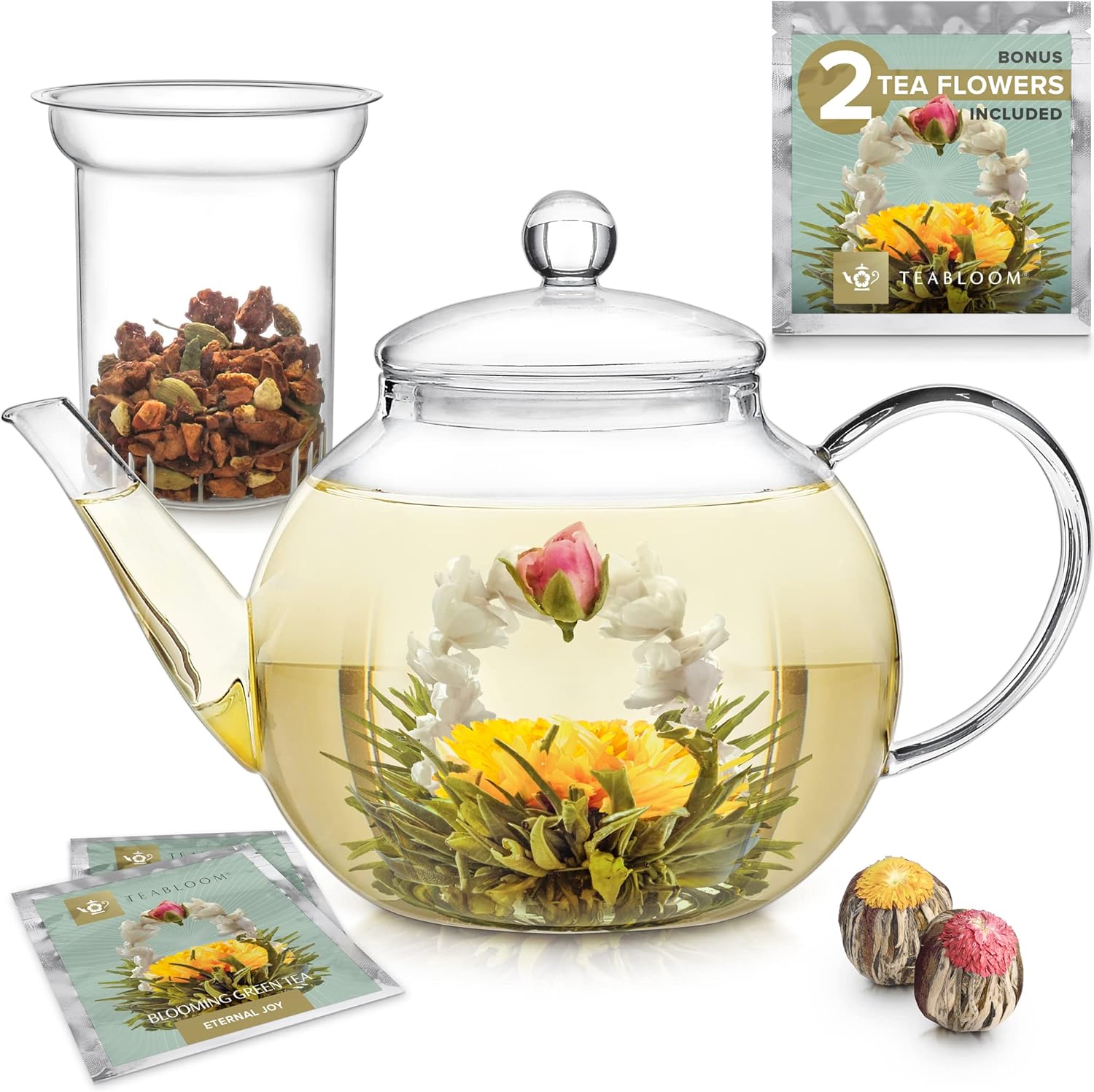 Teabloom Glass Teapot w/ Infuser & 2 Blooming Teas