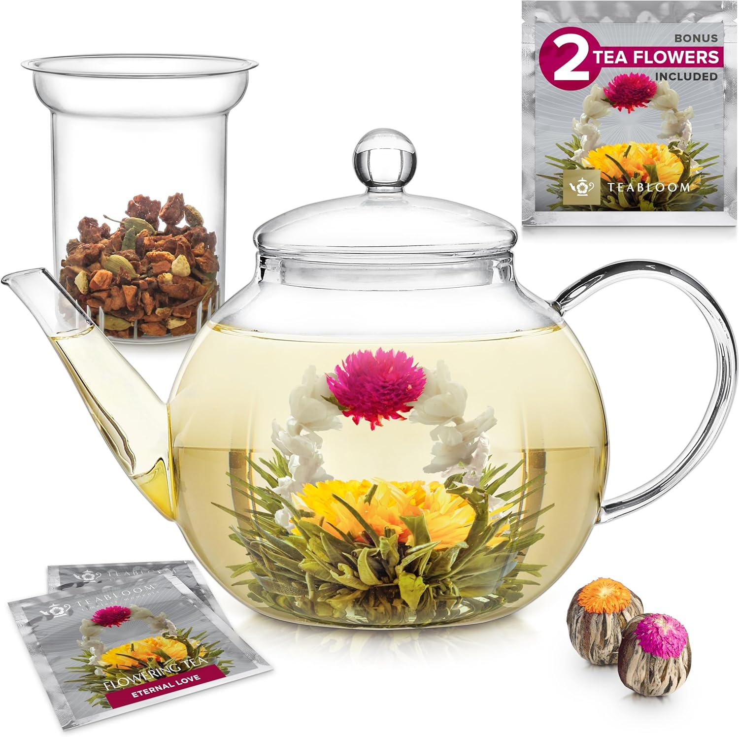 Teabloom Glass Teapot w/ Infuser & 2 Blooming Teas